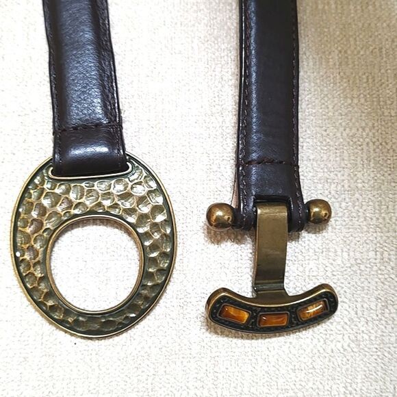 Dark Brown Leather Hammered Brass Toggle Buckle Adjustable Belt Size M/L - Picture 5 of 9